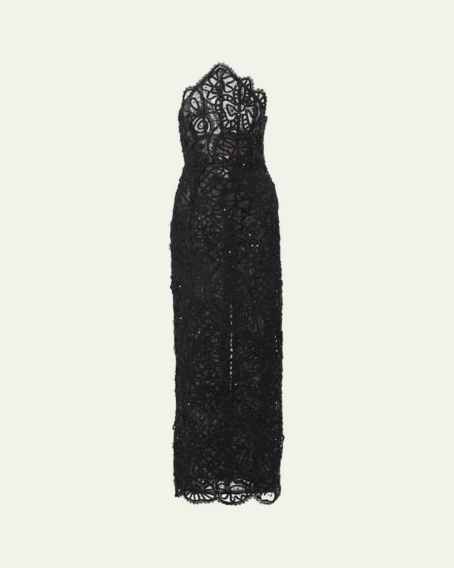Lace Sequined Curved Strapless Column Gown